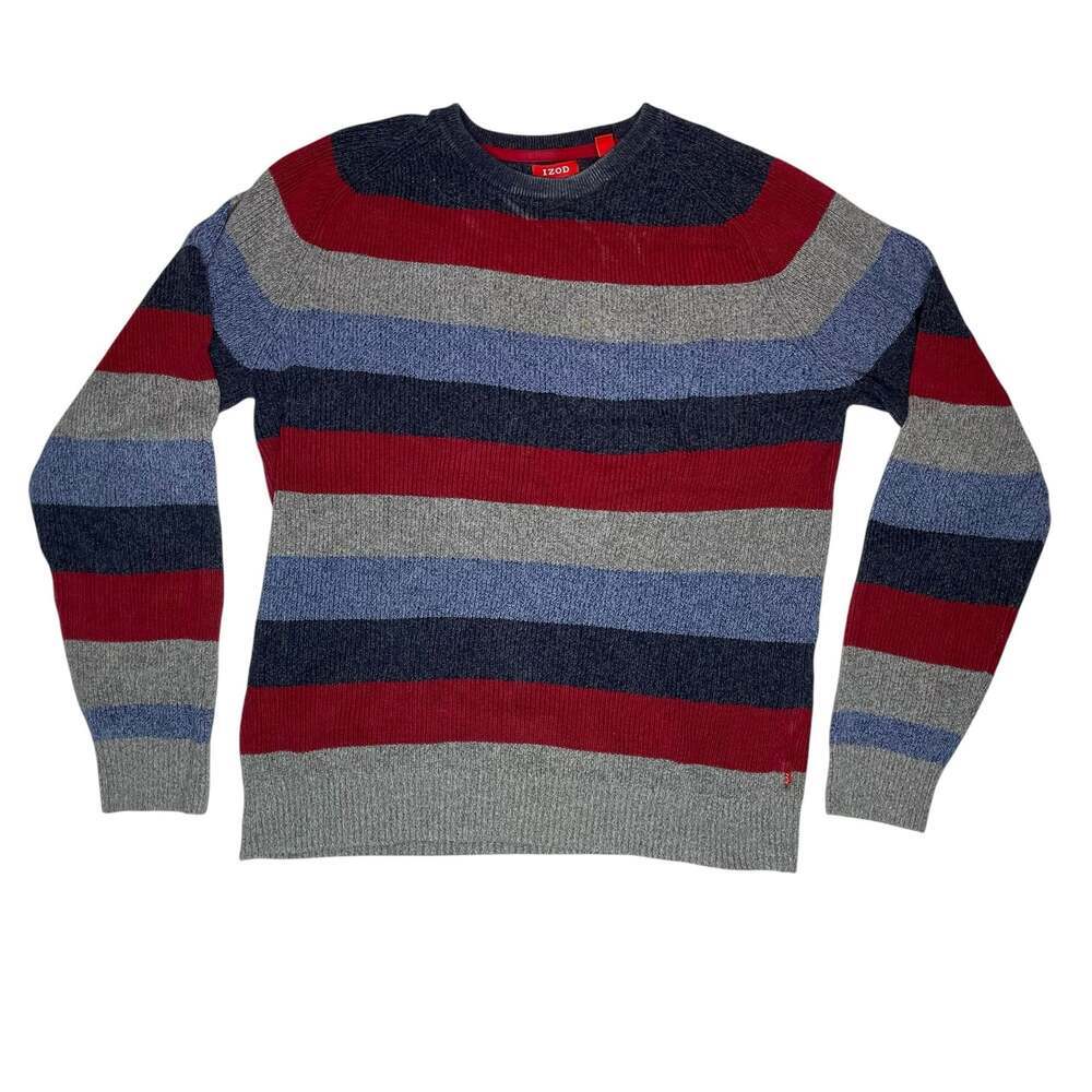IZOD Striped Sweater XL Red Gray Blue Cotton Crewneck